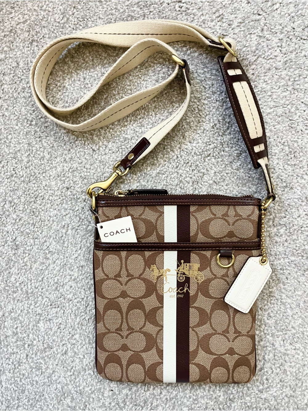 NWT Coach Chelsea Heritage Signature Stripe Crossbody Bag with Lime Interior